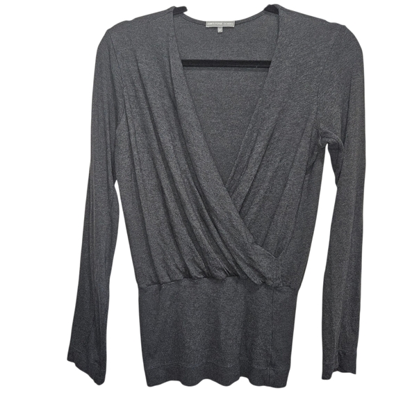 James Perse Long Sleeve Gray Ribbed Knit Faux Wrap Top Size 4 Large - Picture 1 of 13